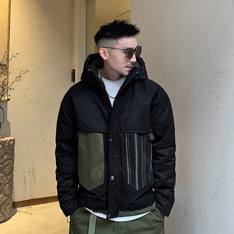 杠叔冬季男士加厚连帽工装羽绒服拼接休闲宽松外套加绒轻薄韩版潮