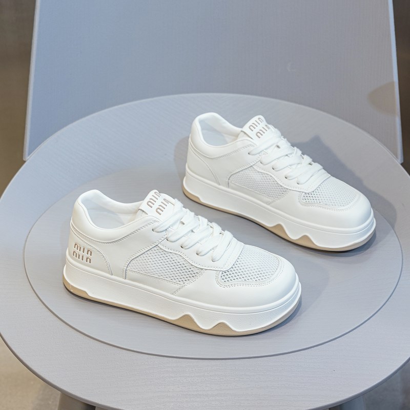 爆款小白鞋女厚底真皮透气网面休闲女鞋2025夏季新款圆头运动板鞋
