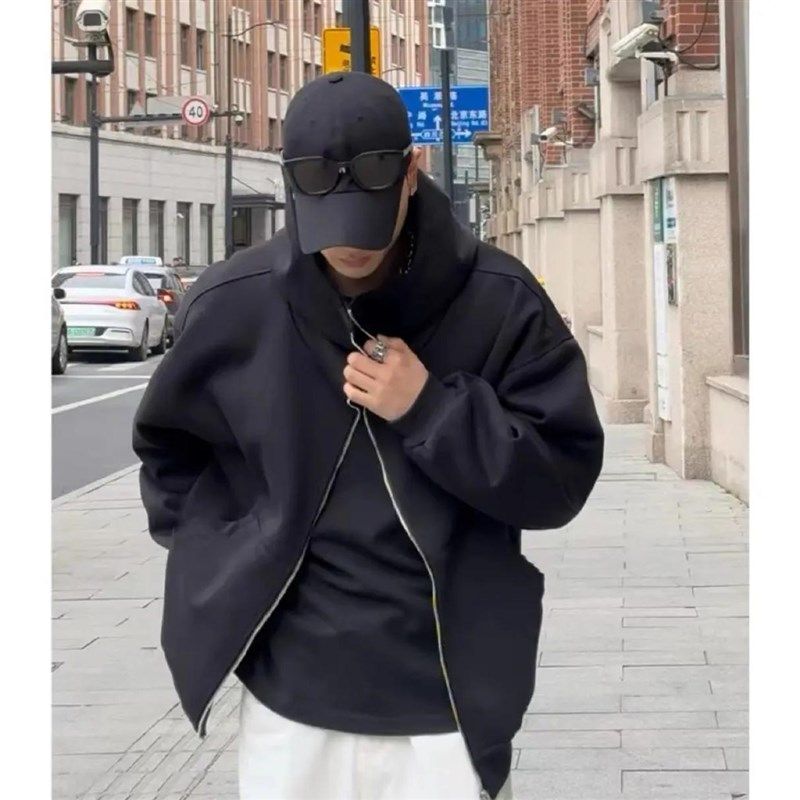 黑色连帽卫衣双拉链开衫秋冬季男款重磅硬挺上衣美式高街潮牌外套