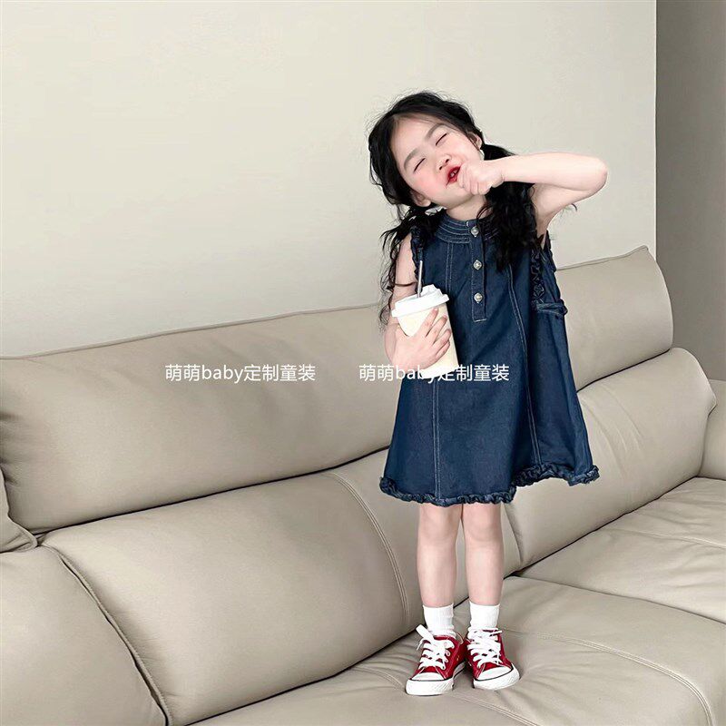 韩系女童薄牛仔背心裙2024夏季新款儿童木耳边无袖连衣裙棉牛仔裙