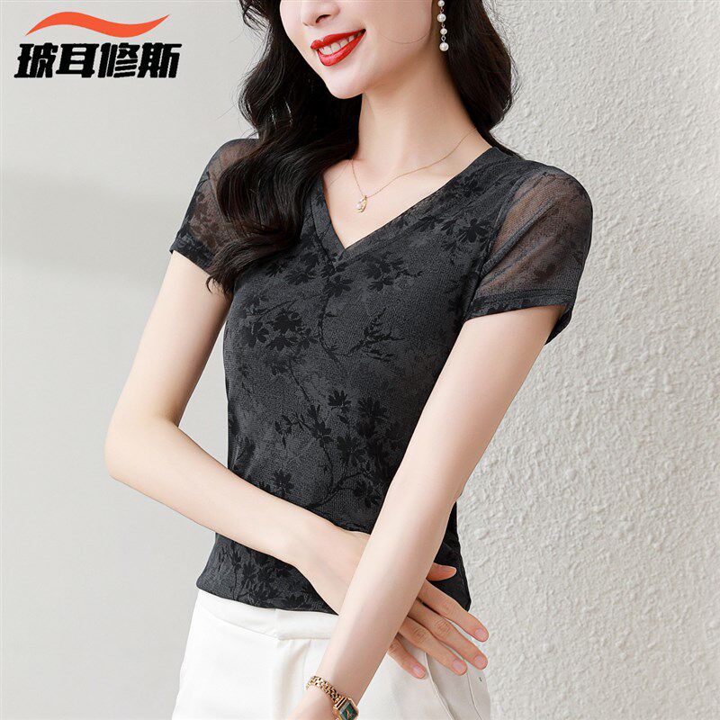 简约时尚V领网纱印花上衣女夏季新款修身百搭短袖小衫显瘦上衣T恤