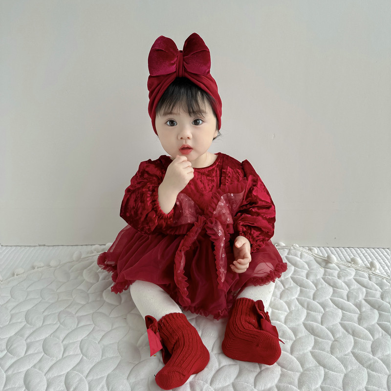 女童网纱洋装新生儿拜年服秋冬装加绒裙子女宝宝抓周岁公主礼服