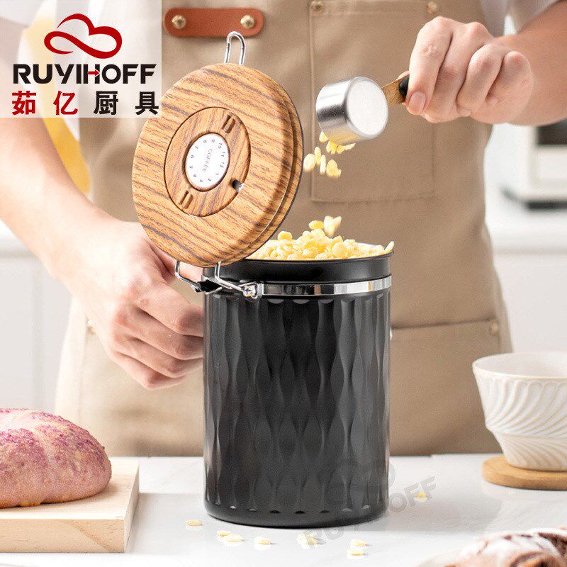 储存罐咖啡粉密封罐带勺咖啡豆排气密封罐不锈钢带时间控制器