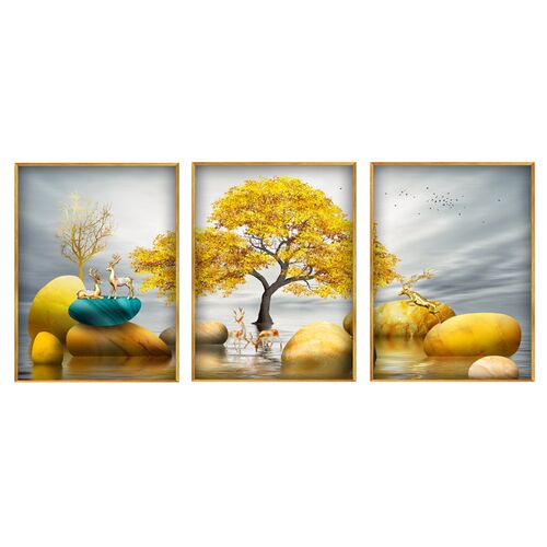 壁画客厅挂画现代简约沙r发背景墙画石来运转三联画大气卧室装饰