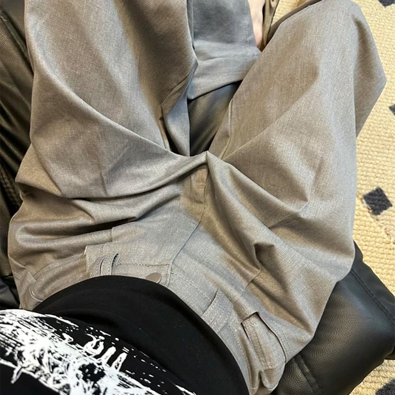 大码美式灰色阔腿牛仔裤女春秋款褶皱设计感高腰宽松直筒长裤子潮