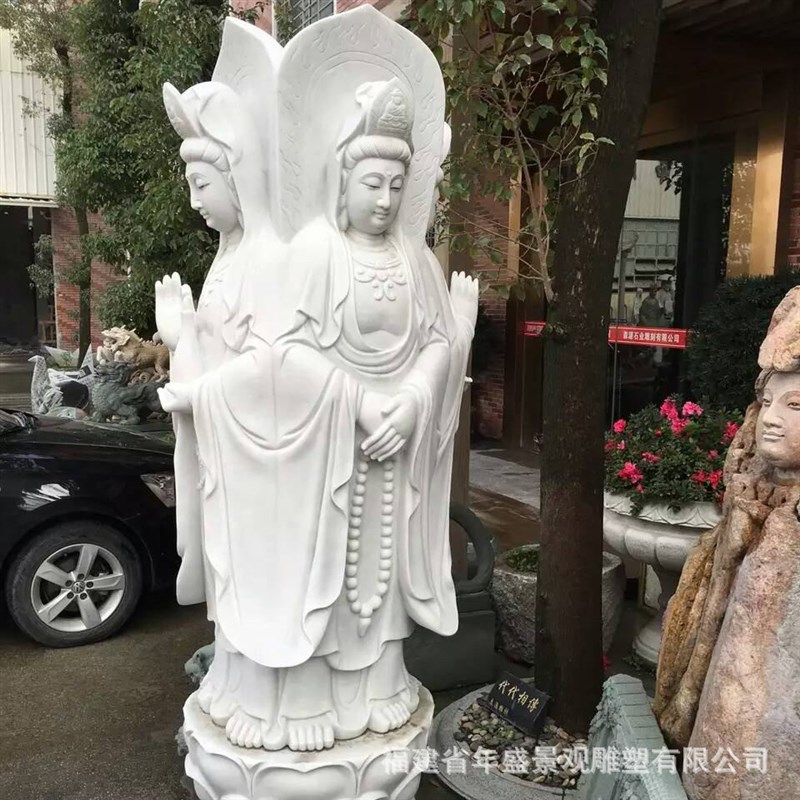 汉白玉三面观f音佛像 寺院户外供奉大理石雕塑 石雕人物像