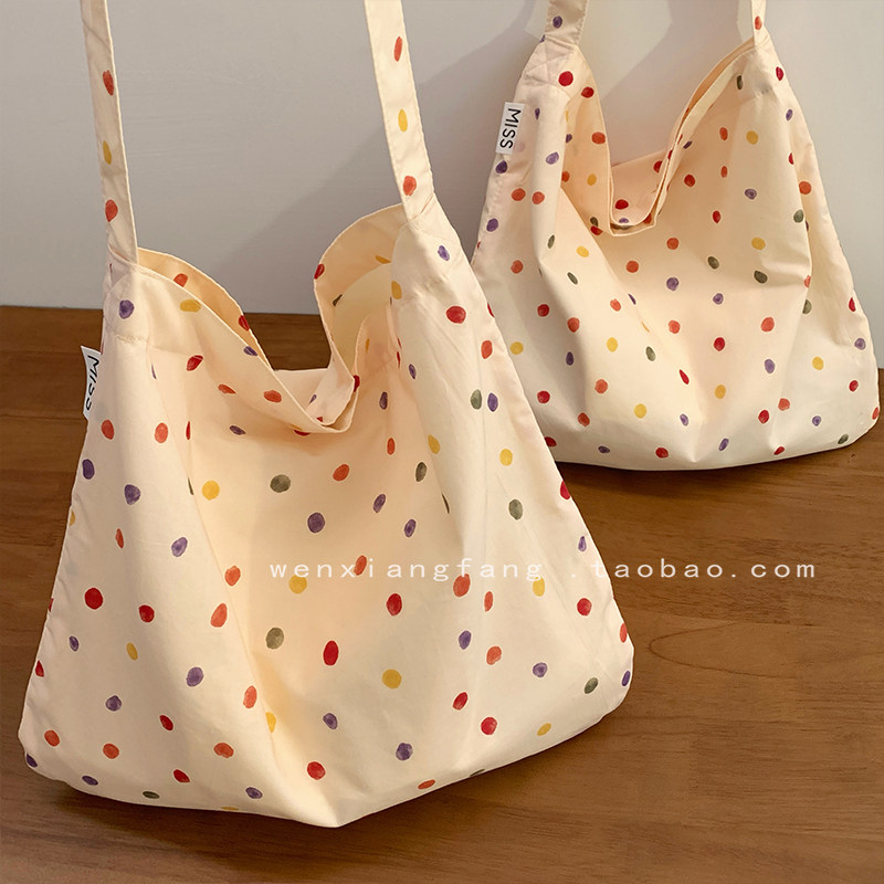 韩系慵懒风彩色波点帆布包夏天女2024新款设计感小众大容量斜挎包
