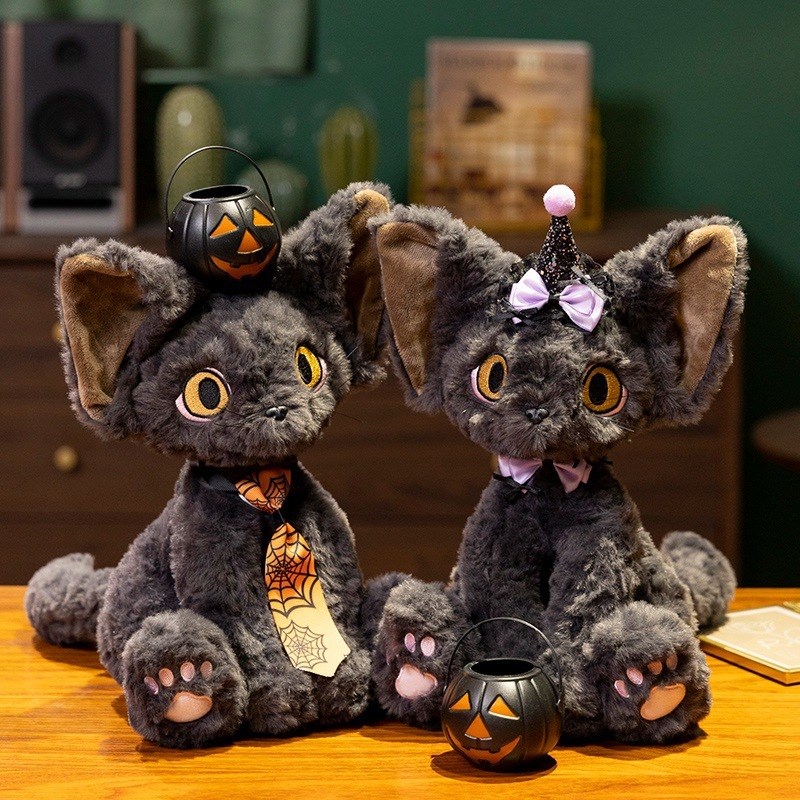网红创意可爱万圣节黑色猫咪德文卷毛猫毛绒玩具公V仔玩偶生日礼