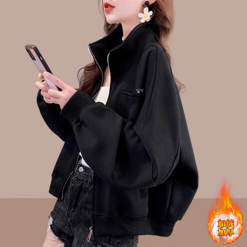 加绒加厚外套女2024秋冬新款爆款卫衣开衫宽松大码棒球服短款上衣