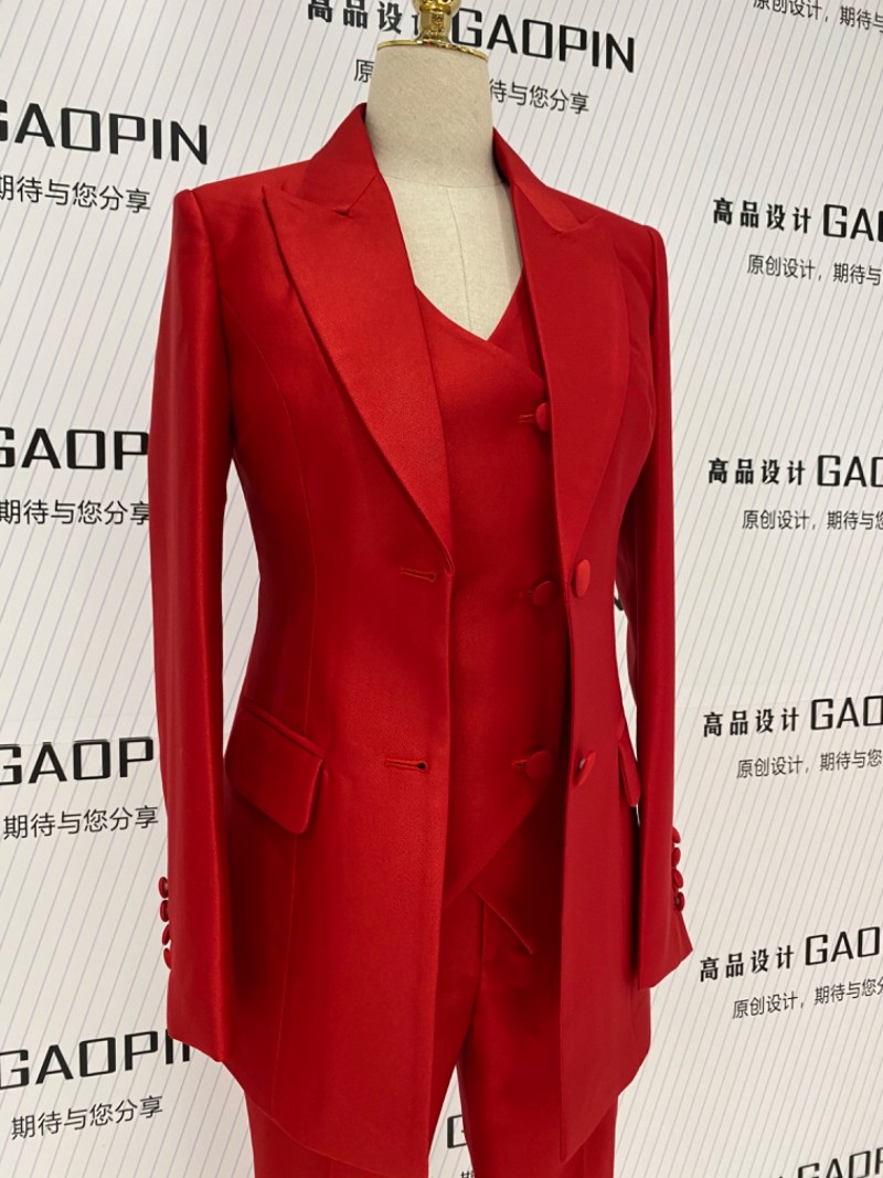2021春秋新款中国红修身三件套西装套装女主持时尚气质正红色西服