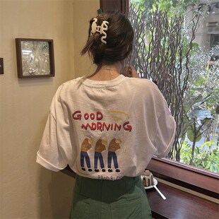 温柔系印花白色上衣夏季2025新款韩版宽松百搭半袖体恤短袖t恤女