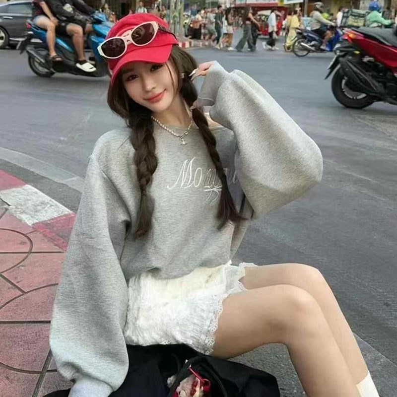 甜美斜领灰色卫衣女2025新款爆款小个子字母刺绣独特漂亮初春上衣