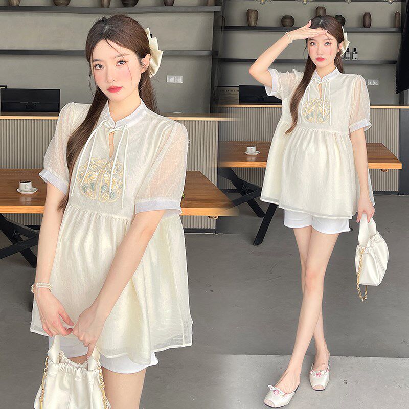 孕妇装夏装新中式国风短袖绣花上衣宽松休闲怀孕娃娃衫夏季衣服夏