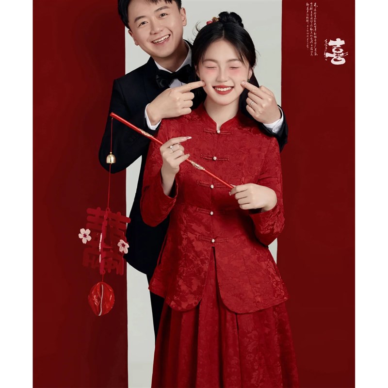 旗袍敬酒服结婚新中式喜嫁婚礼订婚酒红色礼服长裙套装新娘婚服女