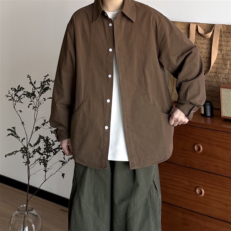 B东日系男装复古水洗纯棉工装口袋长袖衬衫男宽松休闲情侣衬衣
