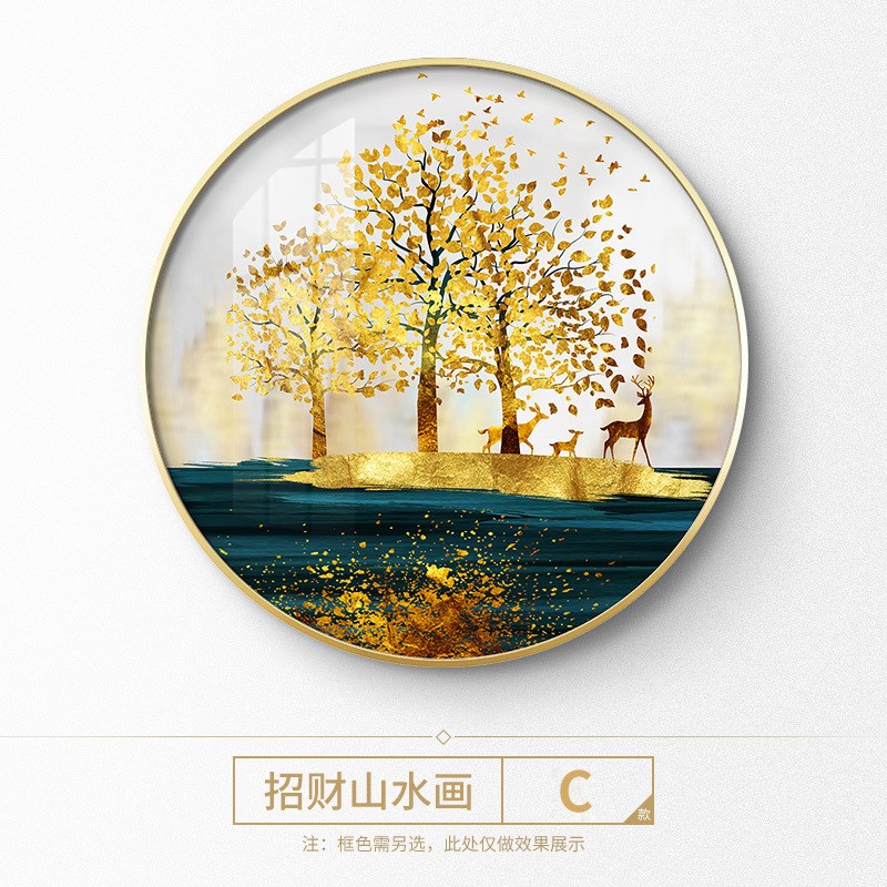 定制新中式招财麋鹿圆形玄关装饰画E现代轻奢客厅餐厅挂画墙面壁图片