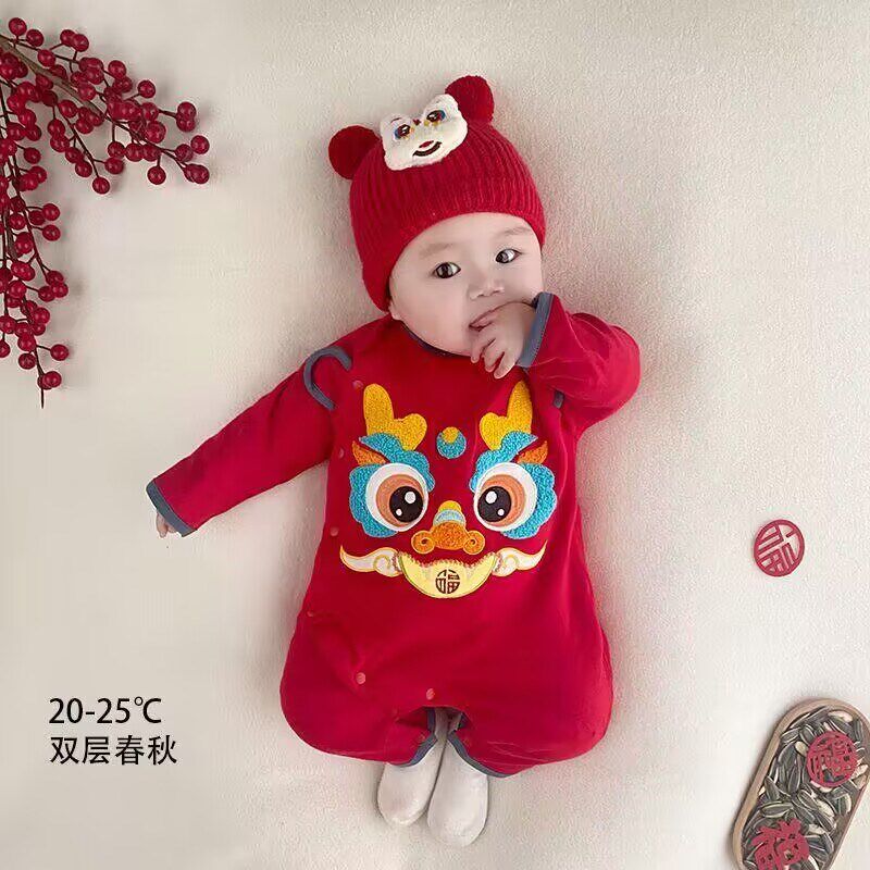 新生婴儿夹棉连体衣秋冬款外出龙年男宝宝满月百天宝宝冬季拜年服
