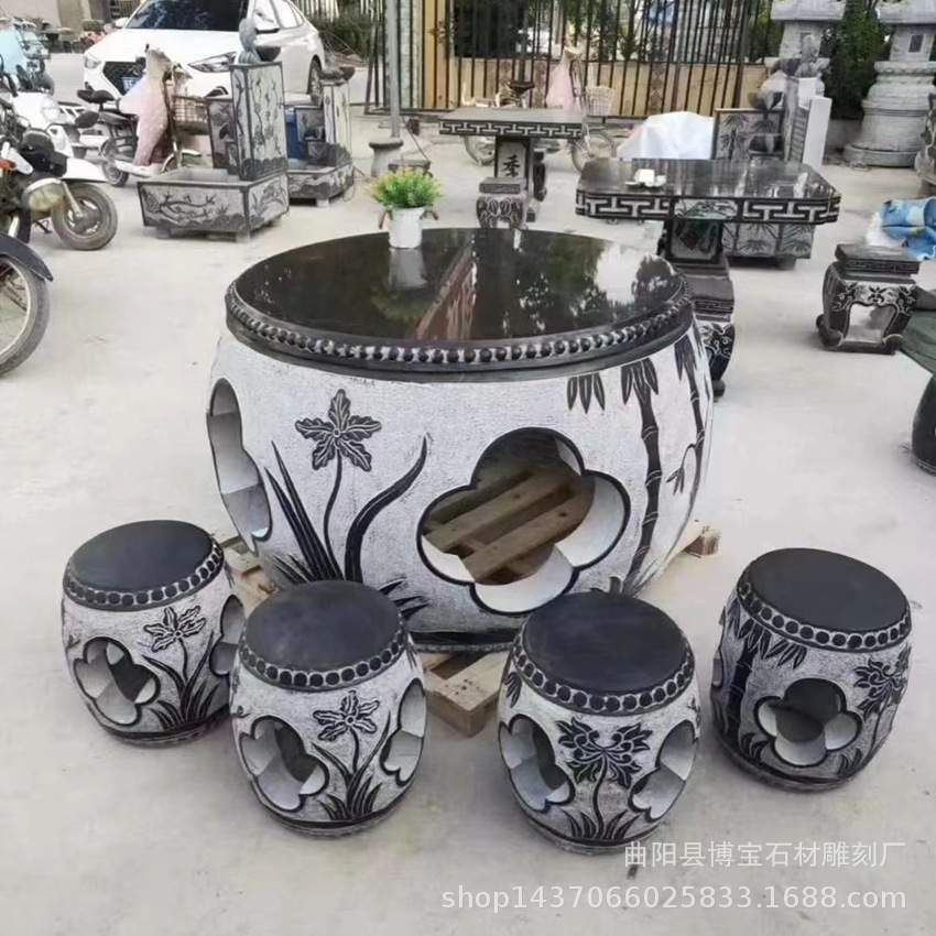 石雕鼓凳庭院石桌石凳青石圆桌椅一套花园茶桌天然大理石桌子户外