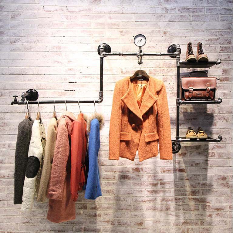 复古铁艺服装店衣架展示架做旧实木水管服装架上墙壁挂货架