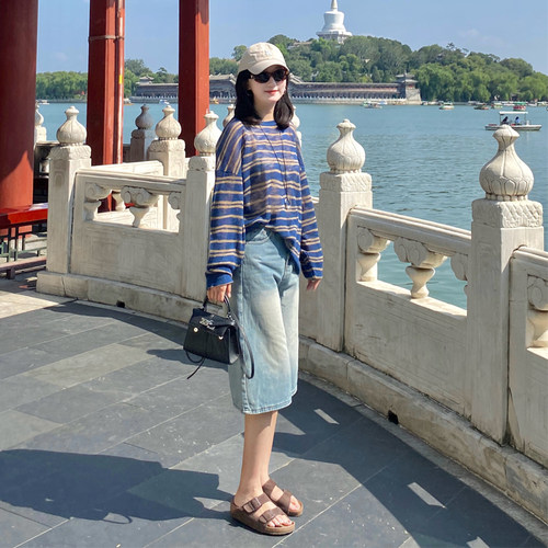 白目自.X长袖条纹T恤女宽松