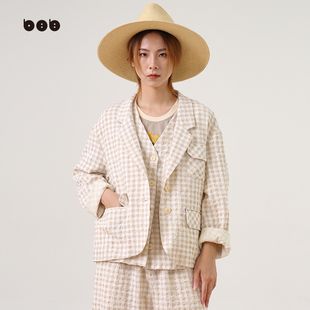 新品 白目自棉麻格子短外套女2024春装 小众设计感西服 商场同款