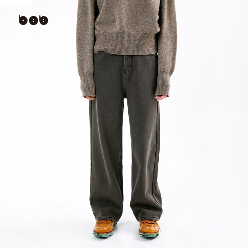 直筒牛仔裤加绒加厚阔腿裤白目自