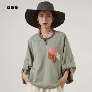 新品 女2024春装 白目自圆领T恤 原创设计百搭宽松上衣 商场同款