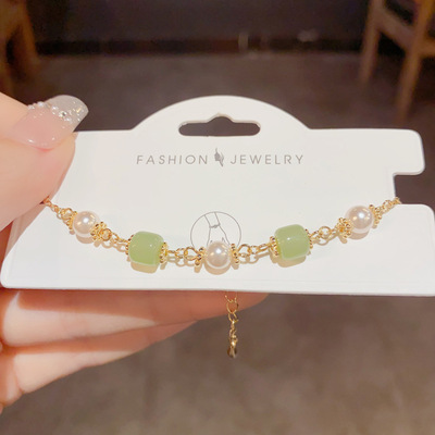 小众时尚百搭设计感气质小清新绿色珍珠链条手链轻奢高级感手饰品