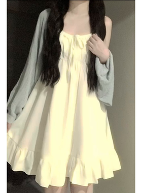 夏日新款学院风防晒披肩小个子可爱甜美白色吊带连衣裙两件套装女