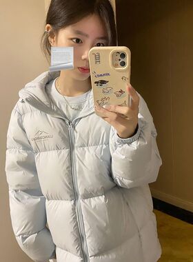 韩系学院风时尚减龄小个子加厚浅蓝色连帽棉服女冬季新款百搭棉衣