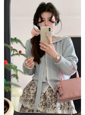 秋上新学院风女学生韩系温柔小清新显白海军领奶蓝色针织开衫毛衣