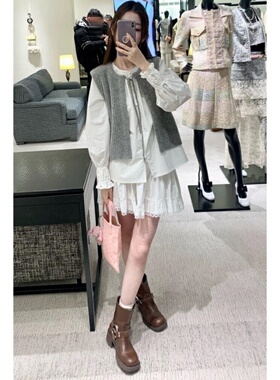 时尚套装叠穿系带衬衫针织马甲白色衬衫秋季新款小个子穿搭一整套