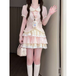夏季 上衣蛋糕裙女 穿搭一整套2025新款 韩系减龄蕾丝粉色拼接小飞袖