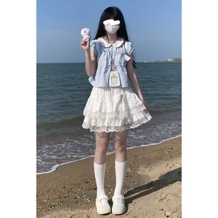 甜美可爱学院风小飞袖 娃娃领条纹衬衫 小个子蓬蓬蛋糕短裙两件套装