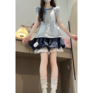 蕾丝拼接花边半身裙两件套女 甜美蓝色娃娃领短袖 衬衫 上衣夏季 新款
