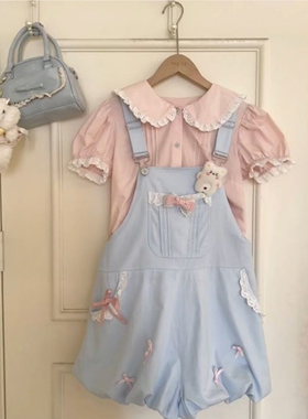 日系甜美风巨好看的套装夏日粉色T恤可爱口袋蝴蝶结蓝色背带裤女