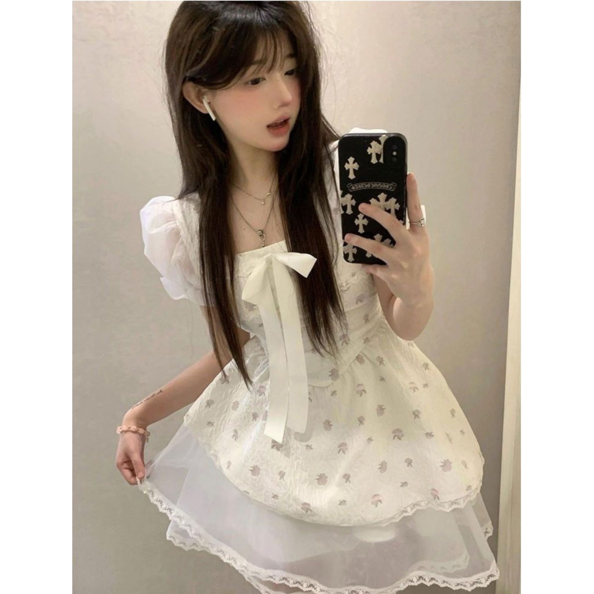 甜美蝴蝶结碎花连衣裙拼接夏季辛苦小个子公主收腰白月光连衣裙子