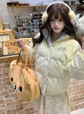 冬季小个子甜美学院风撞色拼接翻领奶黄色棉服外套女百搭宽松棉衣