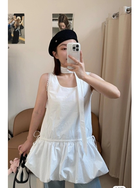 学院风甜美可爱蝴蝶结白色背心花苞裙女夏日新款小个子宽松连衣裙