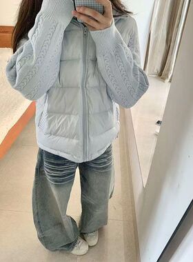 学院时尚小个子减龄复古麻花针织拼接蓝色棉衣女学生冬季百搭棉服