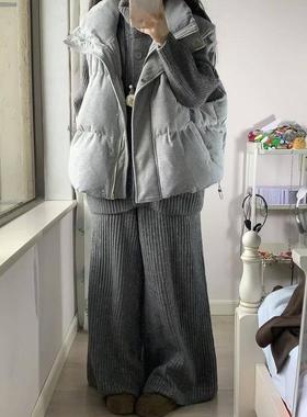 三件套韩系学院慵懒休闲宽松复古加厚棉服马甲+灰色开衫+阔腿裤女
