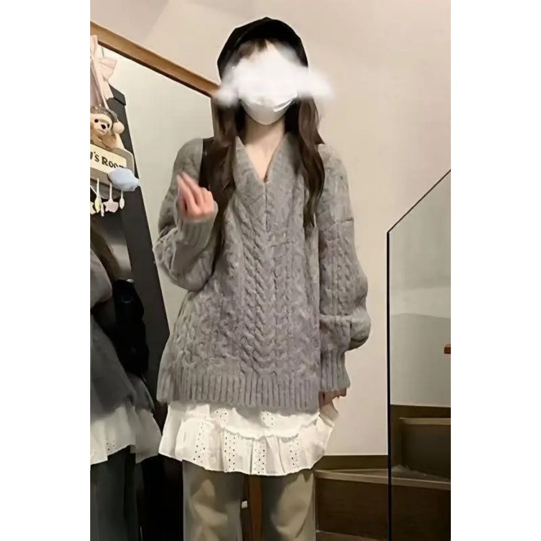 日系复古麻花拼接v领灰色套头毛衣女学生秋季内搭吊带裙两件套装