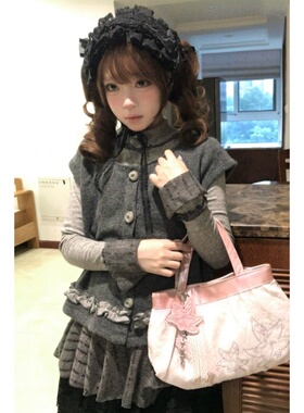 秋季三件套装日系复古文艺木耳边针织打底衫灰色背心马甲花苞裙女