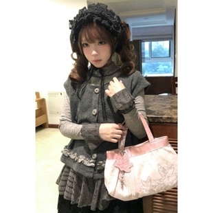 灰色背心马甲花苞裙女 日系复古文艺木耳边针织打底衫 秋季 三件套装