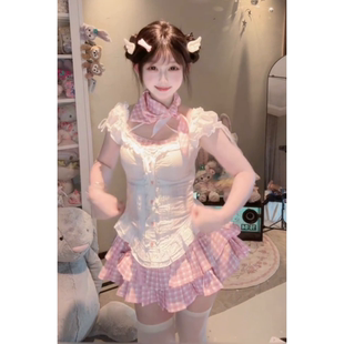 夏季 新款 甜美粉嫩减龄裙子修身 系带假两件上衣粉色蛋糕半身裙套装