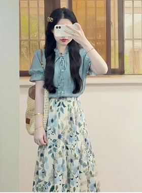 森系文艺复古蓝色短袖衬衫上衣女夏季新款高腰碎花半身裙两件套装