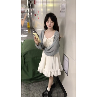 灰色薄款防晒针织开衫裙子高级感外搭外穿短款外套上衣连衣裙套装