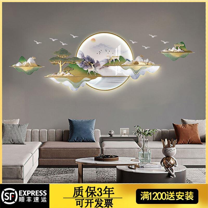 新中式立体浮雕客厅装饰画沙发背景墙带灯大气高端三联山水壁挂画图片