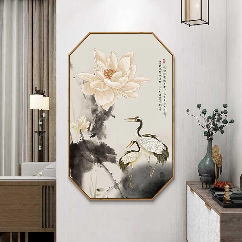 家和万事兴挂画水墨莲花图客厅玄关装饰画禅意荷花茶室背景墙壁画