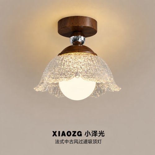 法式中古风过道吸顶灯走廊复古玄关灯胡桃木色树脂高级感入户灯